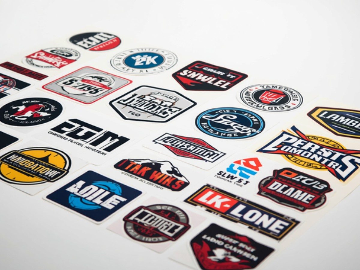 Assorted custom die-cut vinyl decals and stickers with colorful logos