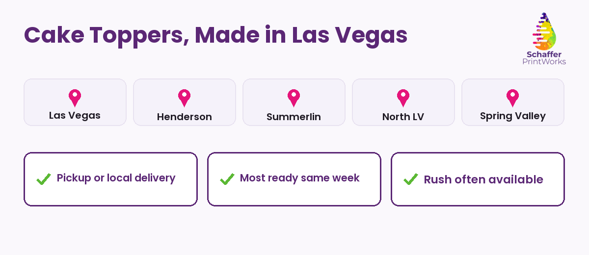 Cake toppers made in Las Vegas — areas served and turnaround