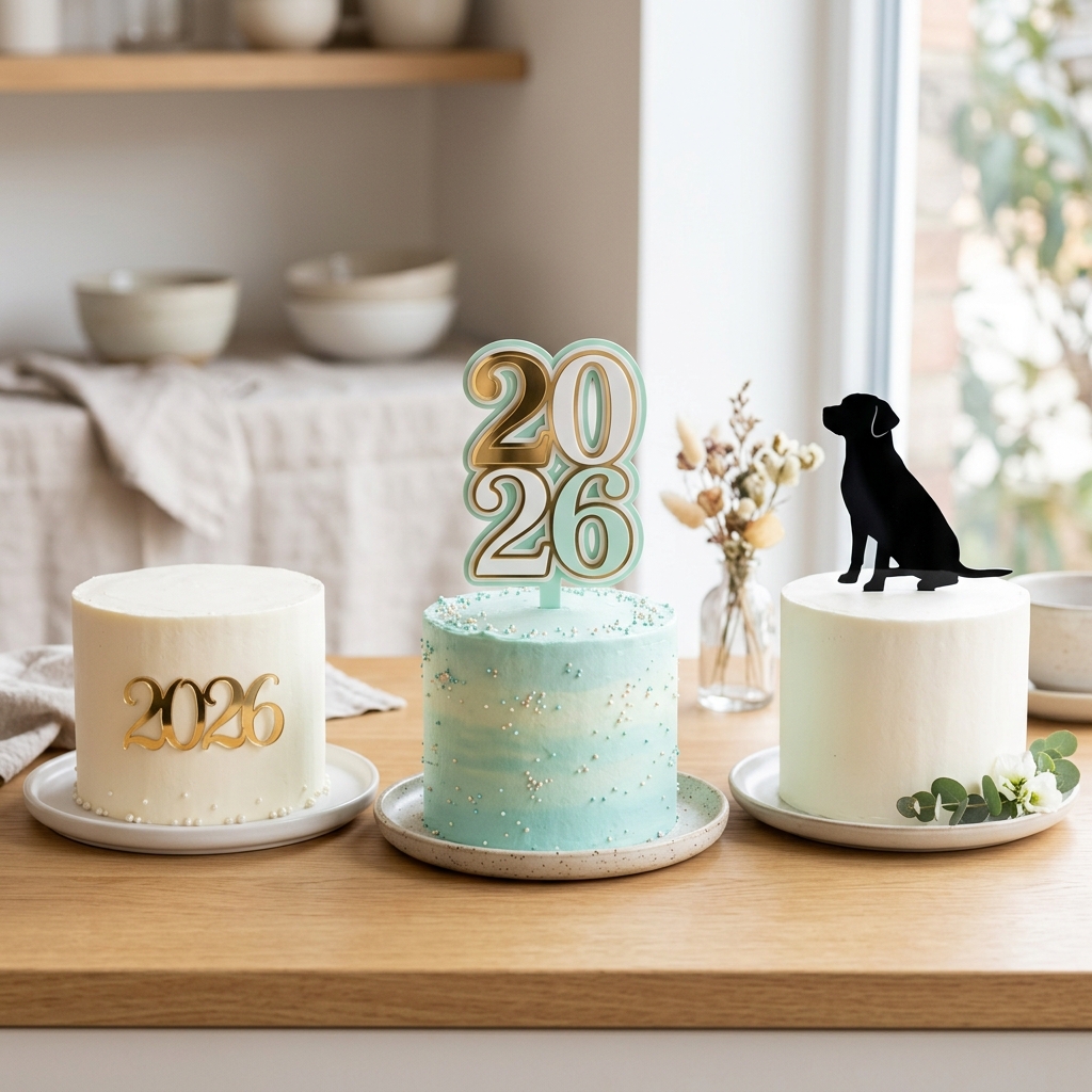 Three cakes showing distinct 2026 topper styles: a flat cake charm, a number topper, and a black dog silhouette