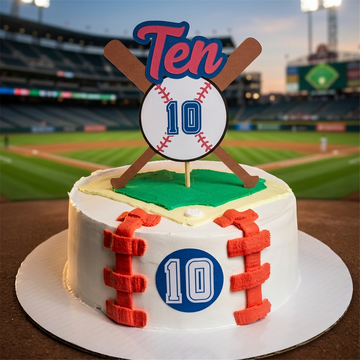 Custom baseball birthday cake topper with crossed bats, made in Las Vegas