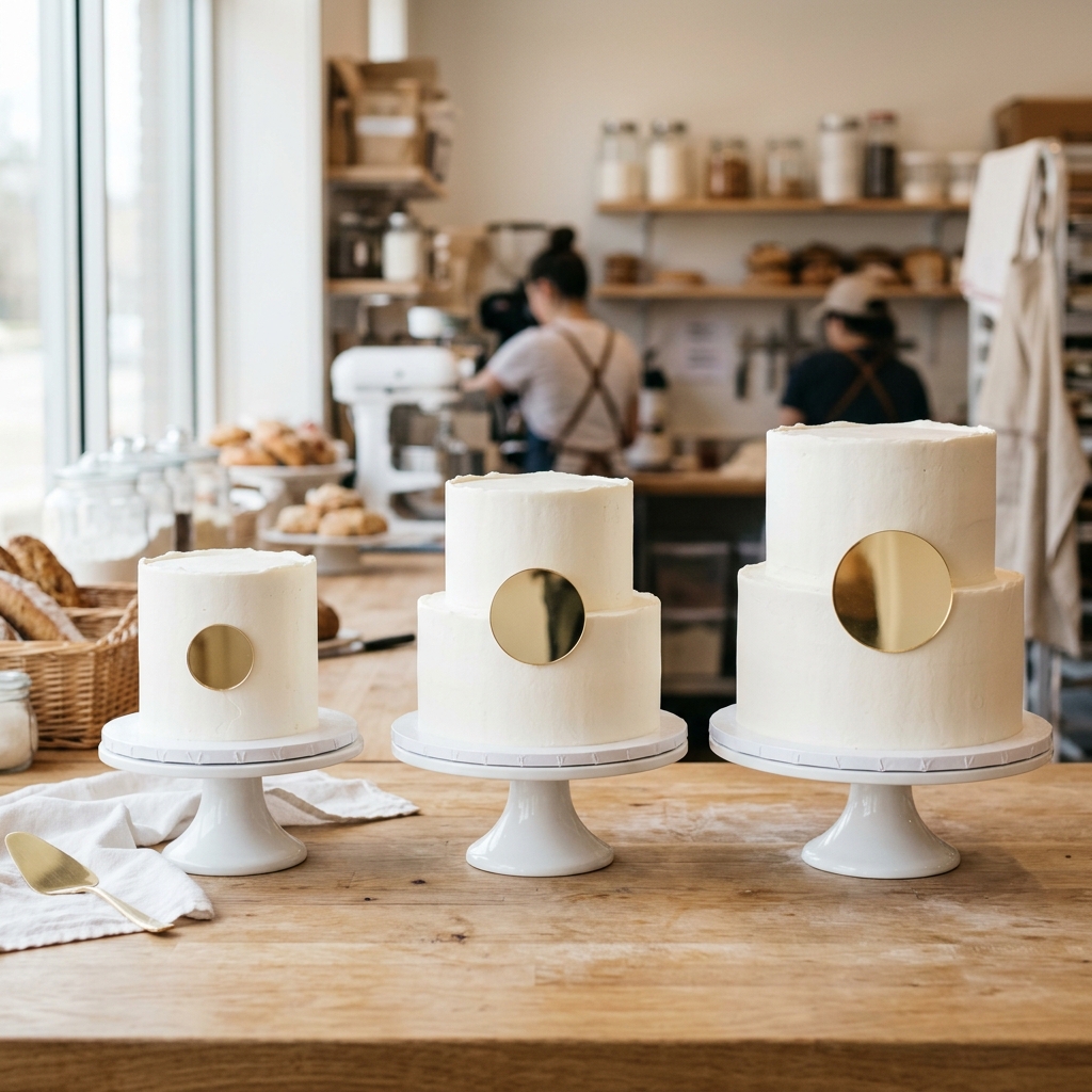 Three white buttercream cakes increasing in size, each with a proportionally sized gold cake charm