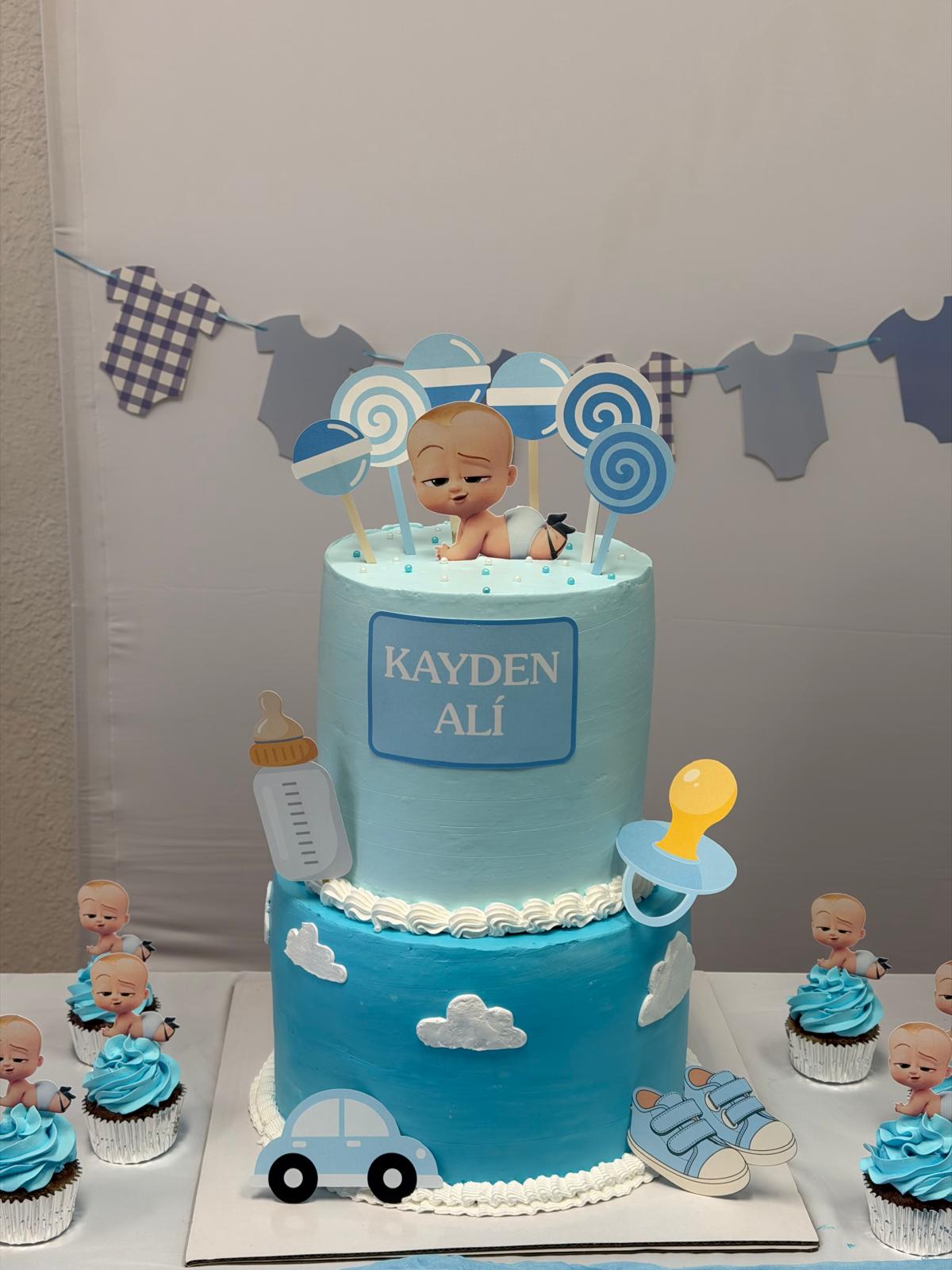 Custom Boss Baby baby shower cake topper set with Kayden name plaque, bottle, pacifier and matching cupcake toppers