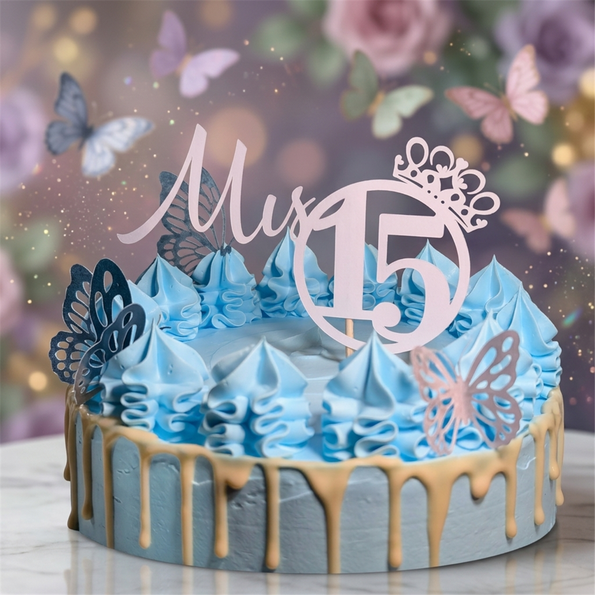 Custom quinceanera Mis XV cake topper with butterflies, made in Las Vegas