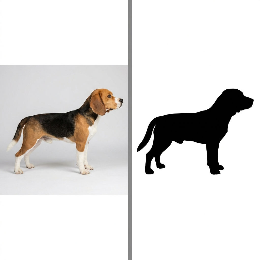 A beagle photo beside its finished solid-black silhouette cut-out