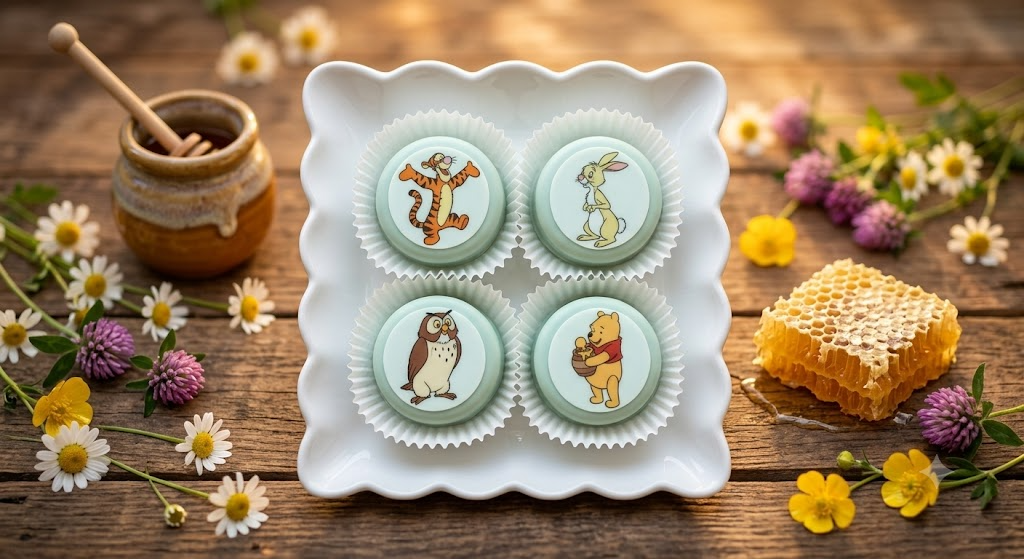 Four chocolate-covered Oreos with edible character prints on a woodland table